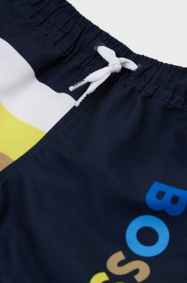 Kids' quick-dry swim shorts with logo print, Dark Blue