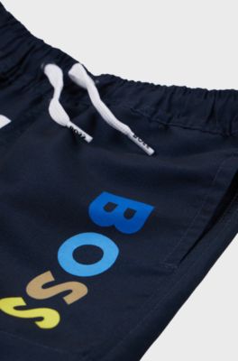 Kids' quick-dry swim shorts with logo print, Dark Blue