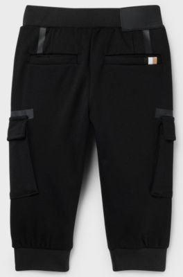 Kids' cargo trousers with printed bands in stretch fabric, Black