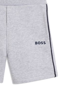 Bermuda per bambini in misto cotone con righe e logo, Grigio chiaro