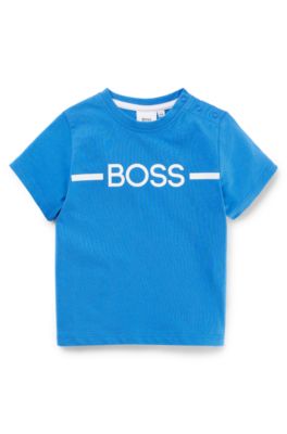 Kids' T-shirt in cotton with stripe and logo, Blue