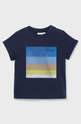 Kids' T-shirt in cotton with striped print and logo, Dark Blue