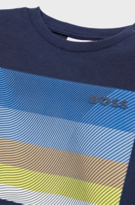 Kids' T-shirt in cotton with striped print and logo, Dark Blue