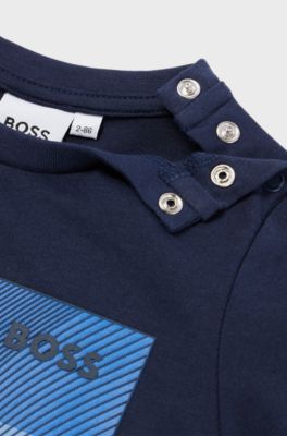 Kids' T-shirt in cotton with striped print and logo, Dark Blue