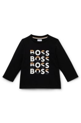 Kids' long-sleeved cotton T-shirt with signature-stripe logos, Black