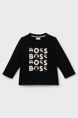 Kids' long-sleeved cotton T-shirt with signature-stripe logos, Black