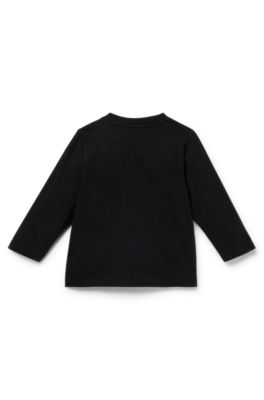 Kids' long-sleeved cotton T-shirt with signature-stripe logos, Black