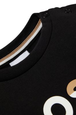 Kids' long-sleeved cotton T-shirt with signature-stripe logos, Black