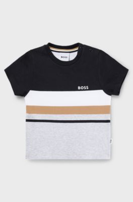 キッズ Tシャツ コットン シグネチャーストライプ＆ロゴ, ブラック