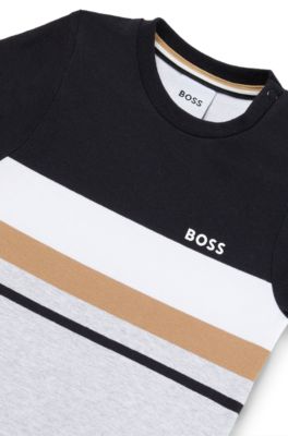 Kids' T-shirt in cotton with signature stripes and logo, Black