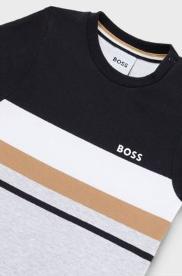 Kids' T-shirt in cotton with signature stripes and logo, Black