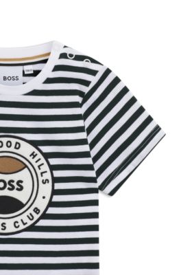 T-shirt per bambini in cotone con righe e logo, A disegni