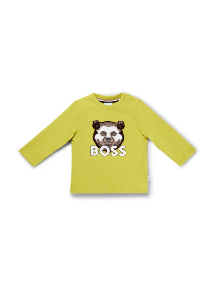 Artikel klicken und genauer betrachten! - Niedliches BOSS Longsleeve für Kinder aus reinem Baumwoll-Jersey mit kreativem Logo-Artwork auf der Brust. | im Online Shop kaufen