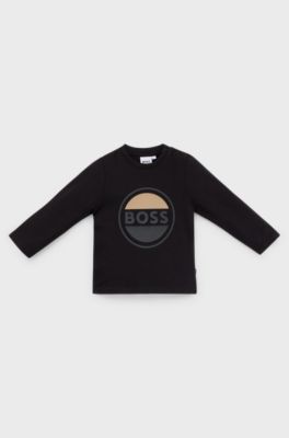 キッズ ロングスリーブTシャツ コットン ロゴアートワーク, ブラック