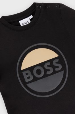 キッズ ロングスリーブTシャツ コットン ロゴアートワーク, ブラック