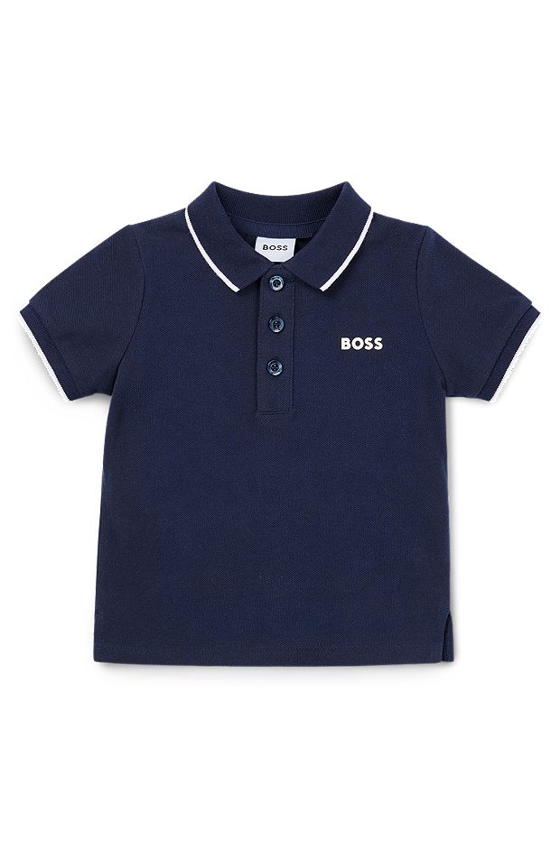 Poloshirt til børn i bomuldspiqué med logotryk, Mørkeblå