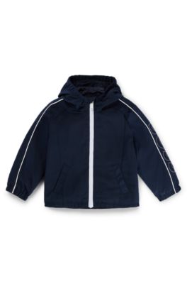 키즈 슬리브 로고 방수 후드 재킷, 다크 블루