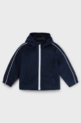 Kids' water-repellent hooded jacket with sleeve logo, Dark Blue