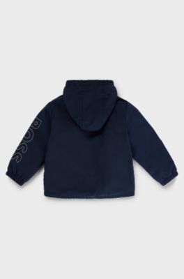 Kids' water-repellent hooded jacket with sleeve logo, Dark Blue