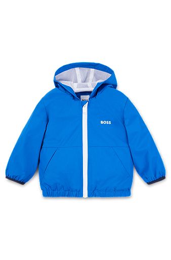 Kids' hooded windbreaker in water-repellent fabric with logo, Blue