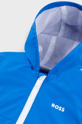 Kids' hooded windbreaker in water-repellent fabric with logo, Blue
