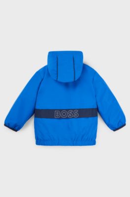 Kids' hooded windbreaker in water-repellent fabric with logo, Blue