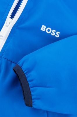 Kids' hooded windbreaker in water-repellent fabric with logo, Blue
