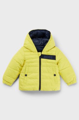 Kids' water-repellent reversible hooded jacket with logo details, Yellow