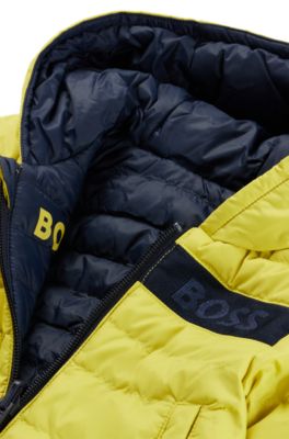 Kids' water-repellent reversible hooded jacket with logo details, Yellow