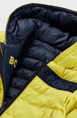Kids' water-repellent reversible hooded jacket with logo details, Yellow