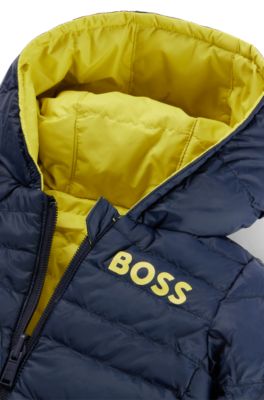 Kids' water-repellent reversible hooded jacket with logo details, Yellow