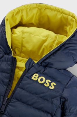 Kids' water-repellent reversible hooded jacket with logo details, Yellow