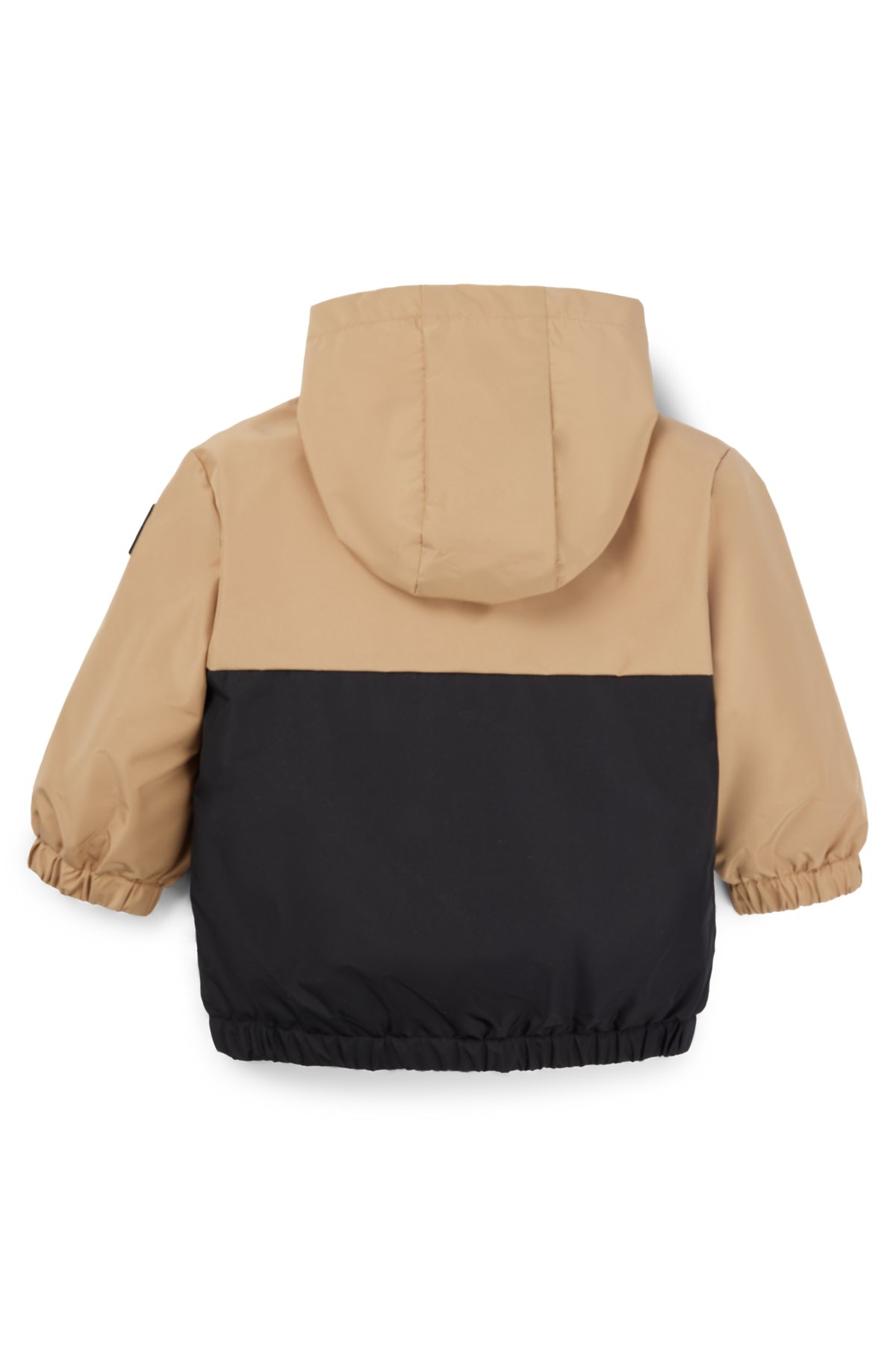 Kids' waterproof hooded windbreaker jacket with stripes and logo, Black