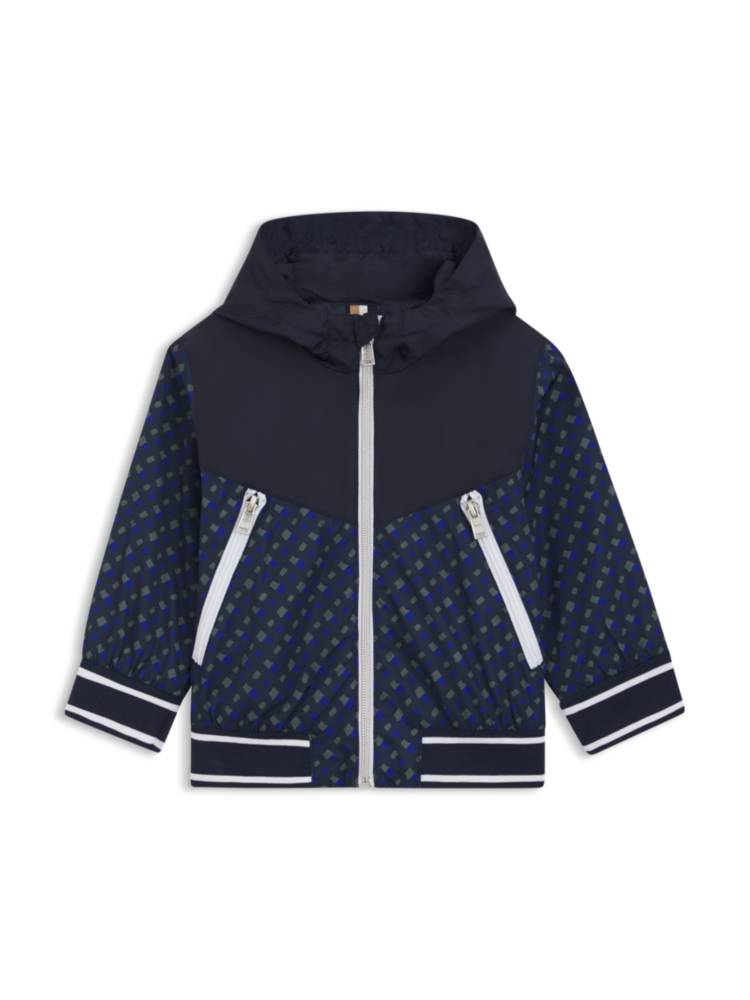Artikel klicken und genauer betrachten! - BOSS Kinder-Kapuzenjacke mit Monogramm-Print, gestreiften Details und Reißverschlusstaschen. | im Online Shop kaufen
