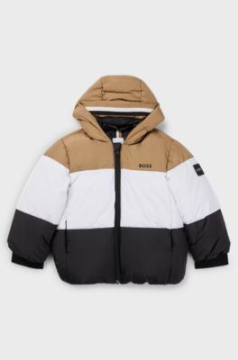 Kids' water-repellent puffer jacket with signature-stripe colours, Patterned