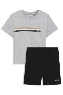 Kids' shorts and T-shirt set with logo details, Light Grey