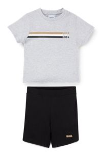 Kids' shorts and T-shirt set with logo details, Light Grey