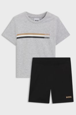 Kids' shorts and T-shirt set with logo details, Light Grey