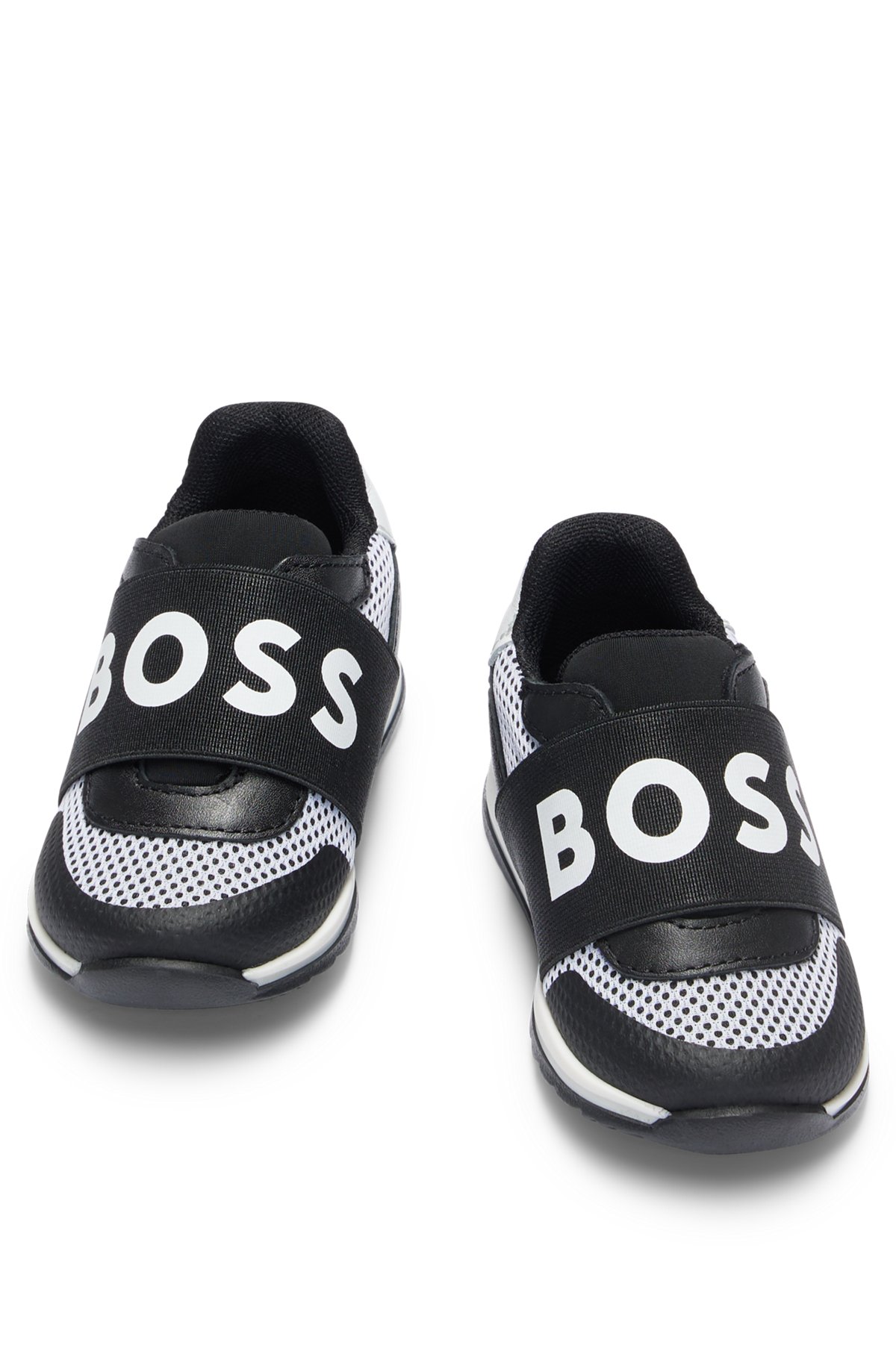 Kids' trainers in leather and mesh with logo strap, Black