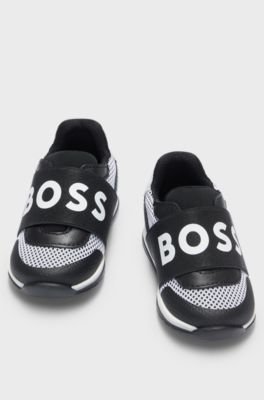 Kindersneakers van leer en mesh met logobandje, Zwart