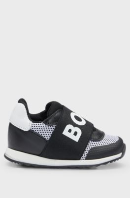 Kids' trainers in leather and mesh with logo strap, Black