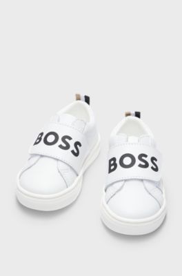 Kids' trainers in leather with touch-closure logo strap, White