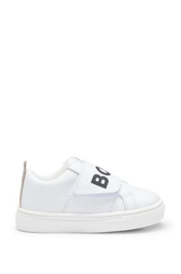 Kids' trainers in leather with touch-closure logo strap, White