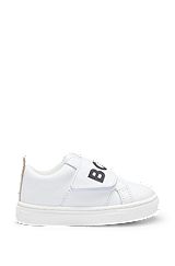Kids' trainers in leather with touch-closure logo strap, White
