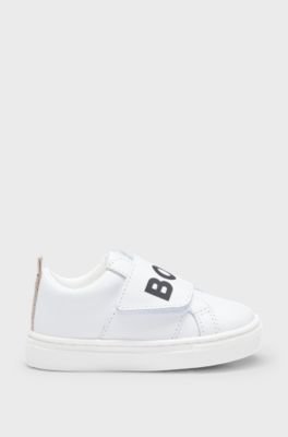 Kids' trainers in leather with touch-closure logo strap, White