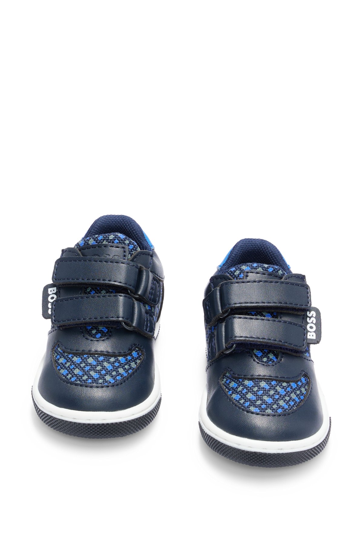 Kids' trainers in mixed materials with printed monograms, Dark Blue