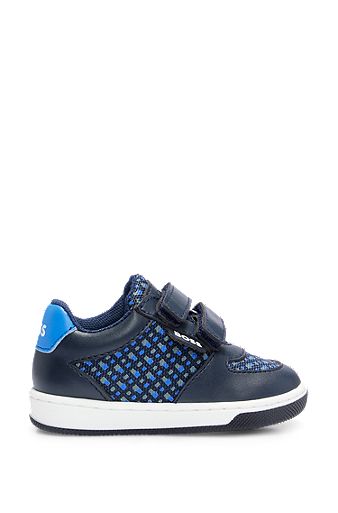 Kids' trainers in mixed materials with printed monograms, Dark Blue