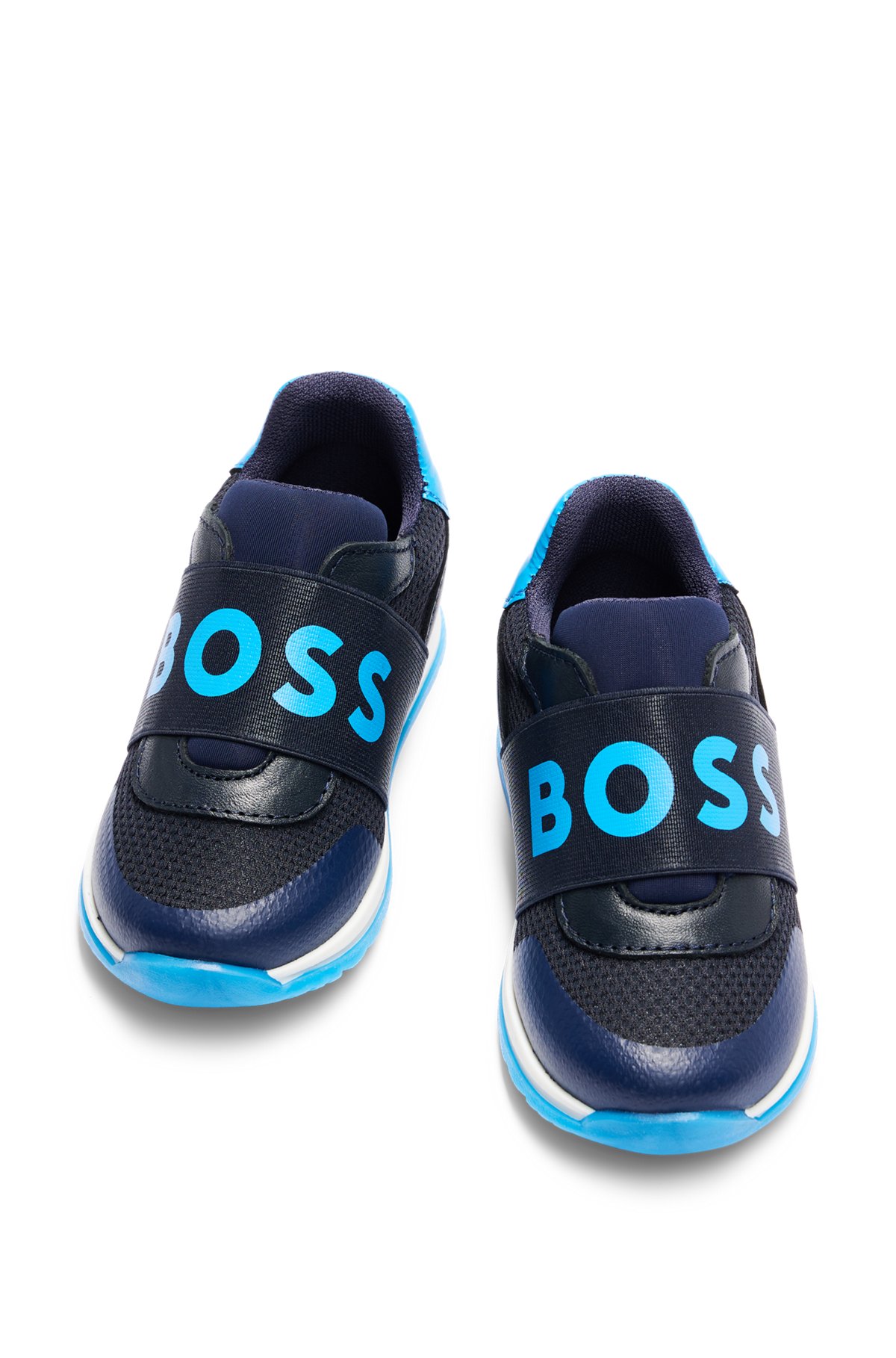 Kids' trainers in leather and mesh with branded strap, Dark Blue