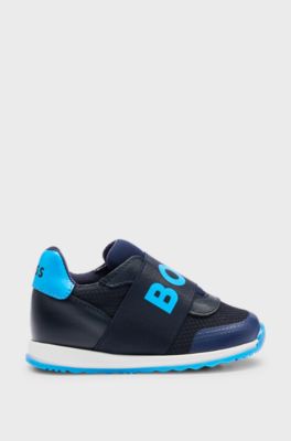 Kids' trainers in leather and mesh with branded strap, Dark Blue