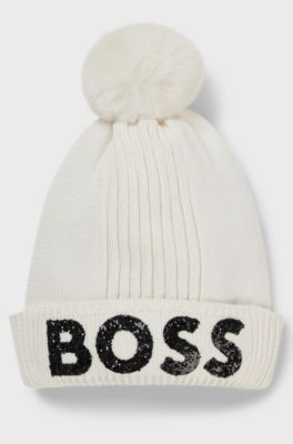 Kids' beanie hat in knitted cotton with glitter logo, Natural
